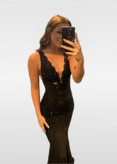 Evangeline | Glitter Black Lace Mermaid V Neck Prom Dress Sequin with Rhinestone - Black - PromDressClub